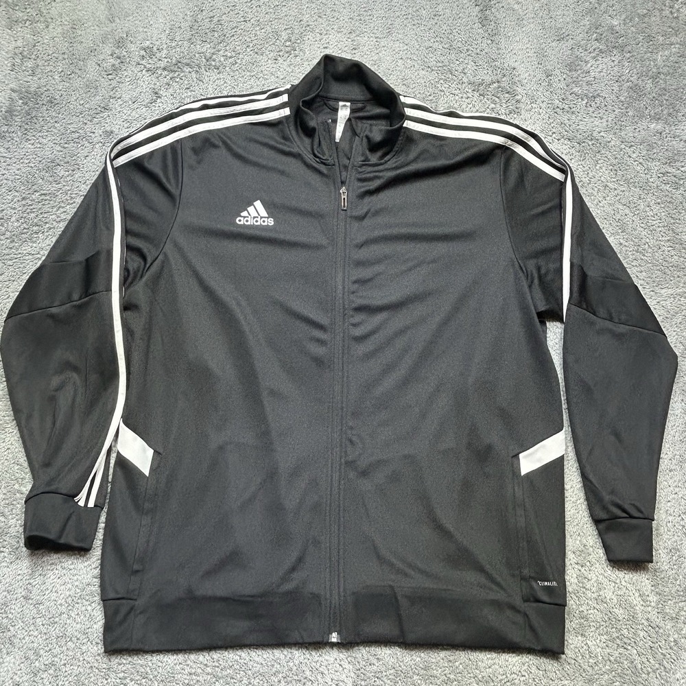 Adidas Track Jacket Mens 2XL Black White Climalite Full Zip 3-Stripes Activewear